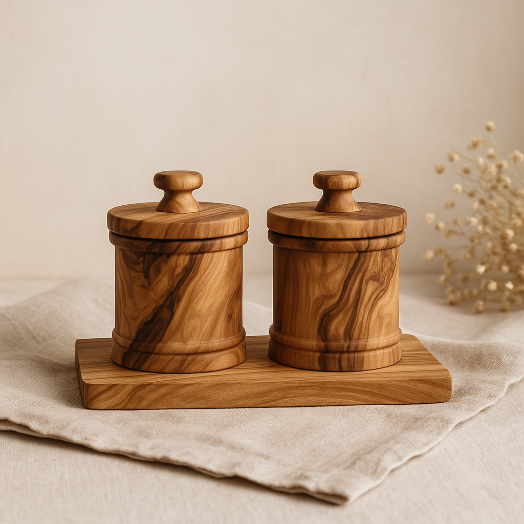Mediterranean Olive Wood Canister Set with Base