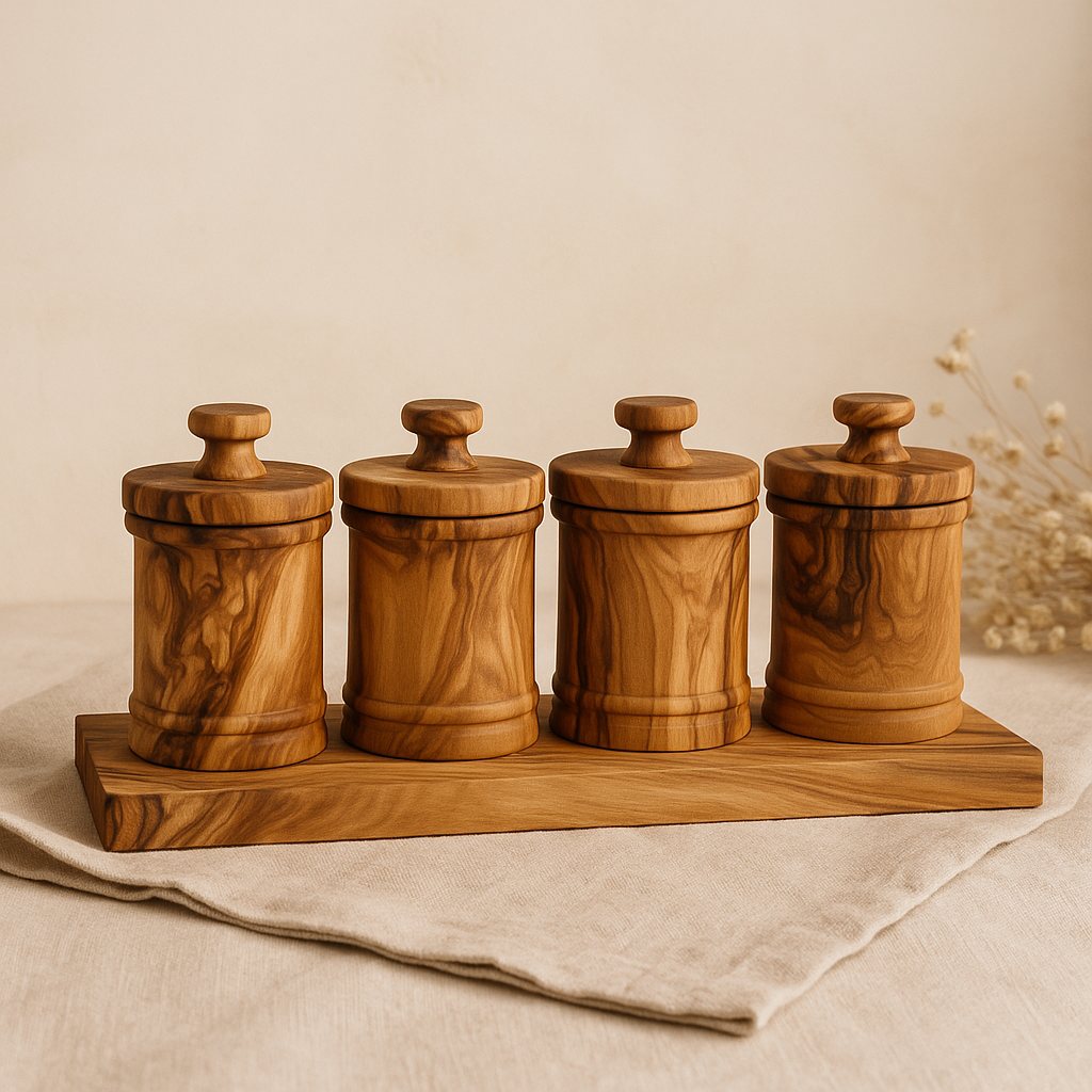 Mediterranean Olive Wood Canister Set with Base