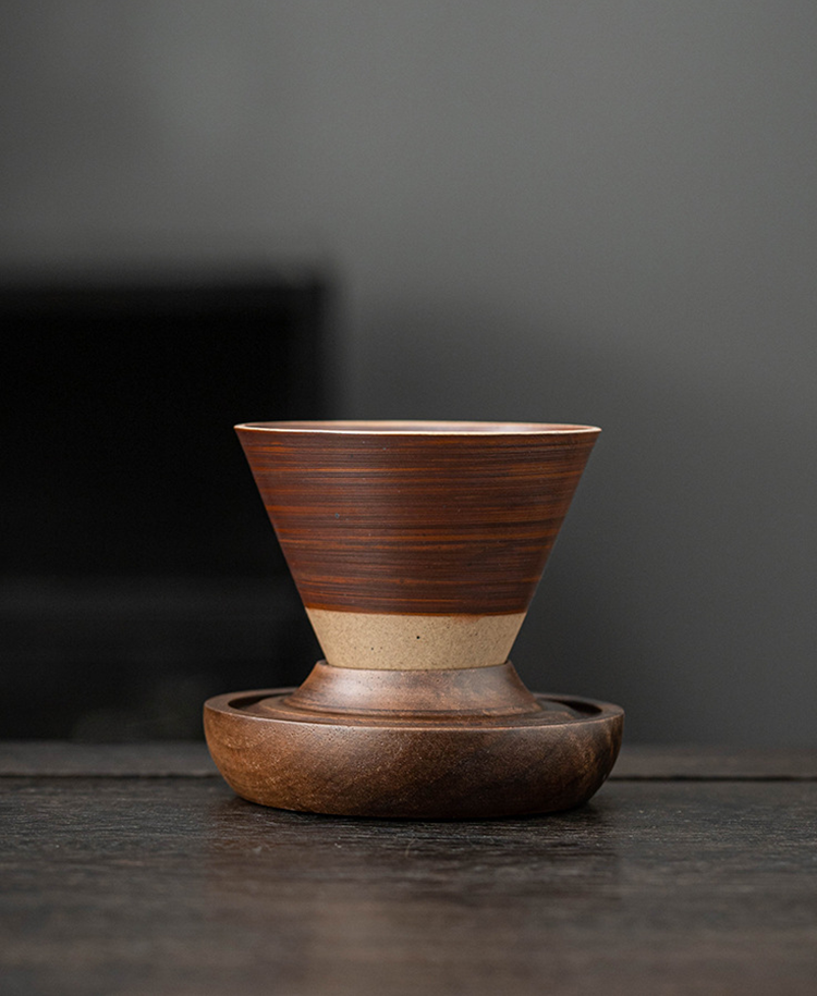 Handcrafted Cone Ceramic Cup & Wooden Saucer Set