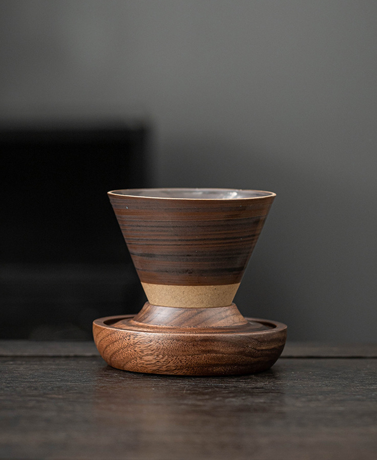 Handcrafted Cone Ceramic Cup & Wooden Saucer Set