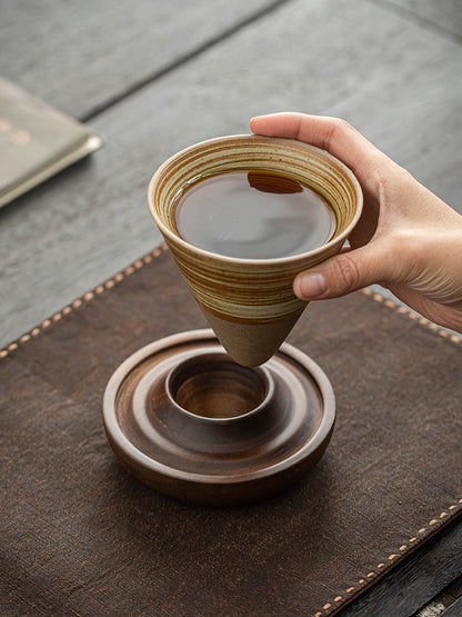 Handcrafted Cone Ceramic Cup & Wooden Saucer Set