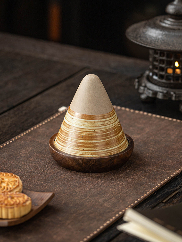 Handcrafted Cone Ceramic Cup & Wooden Saucer Set