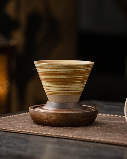 Handcrafted Cone Ceramic Cup & Wooden Saucer Set